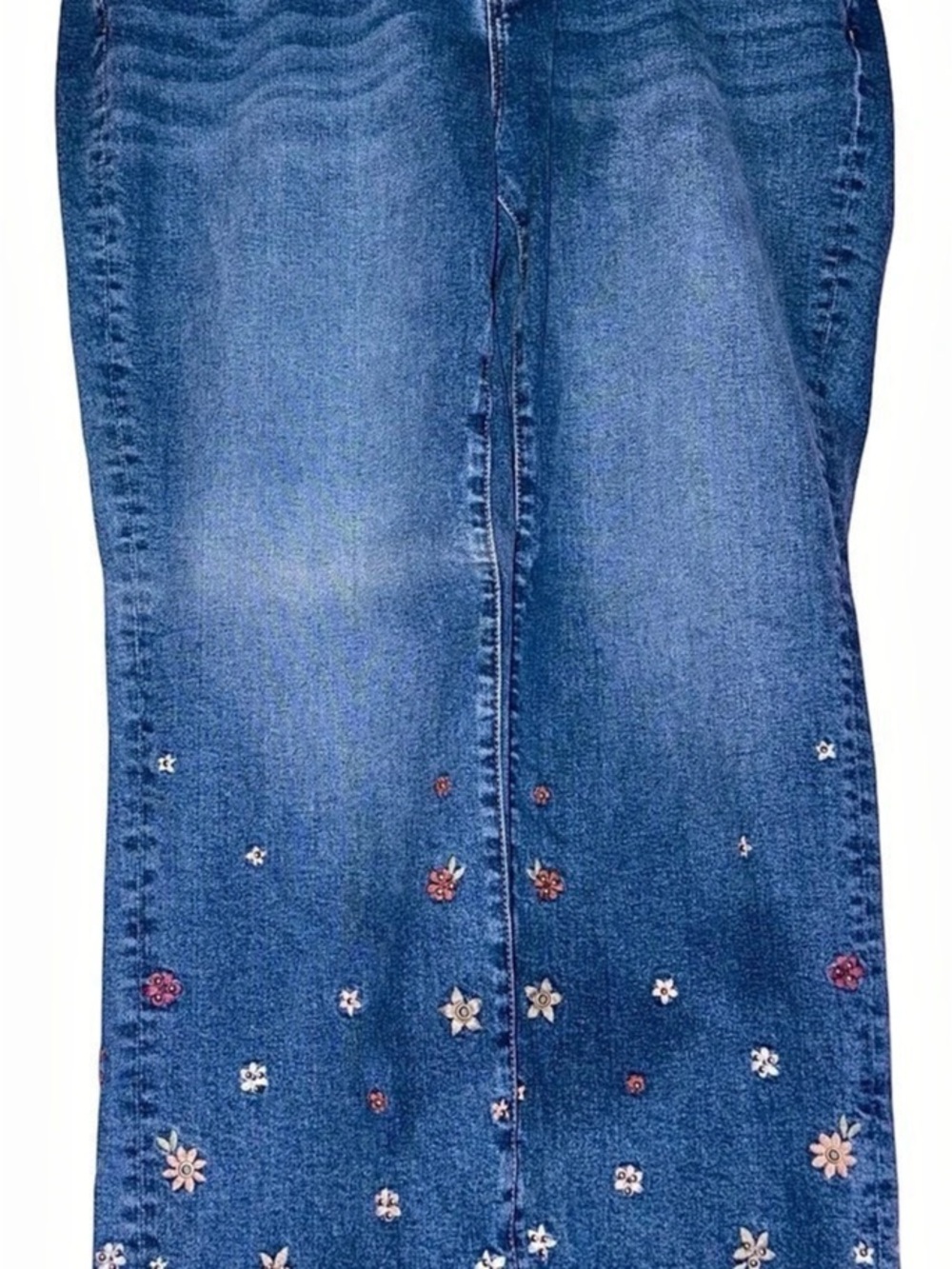 DRIFTWOOD. Floral Embroidered Wide Leg Jeans. Colette. Waist 16. Inseam 27”.